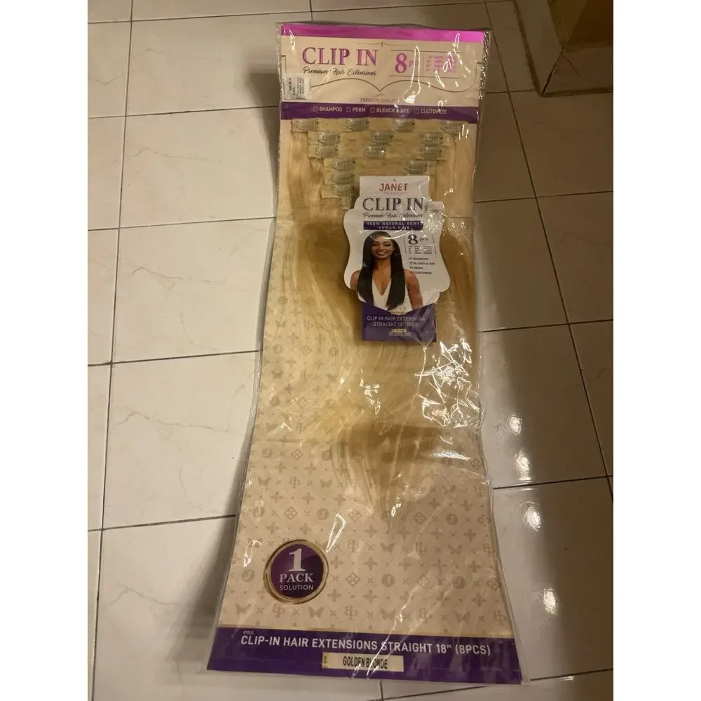 Janet Collection 100% Human Hair Clip-In Extensions 18” 8PC Golden Blonde New